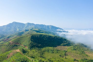 Bu manzara fotoğrafı Asya 'da, Vietnam' da, Tonkin 'de, Dien Bien Phu' da, yazın çekildi. Şehrin üstündeki bulutları görüyoruz. Yeşil dağlarda, güneşin altında..