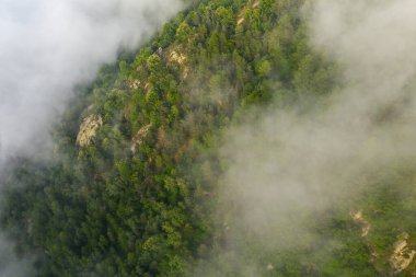 Bu manzara fotoğrafı Avrupa 'da, Fransa' da, Pireneler 'de, yazın çekildi. Bulutların altında, güneşin altında yeşil kırları görüyoruz..
