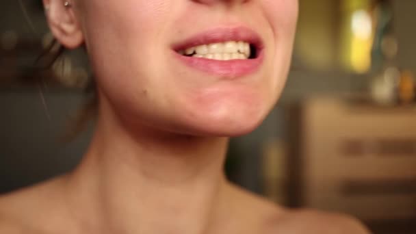 Girl Examines Her Teeth Detail — Stock Video