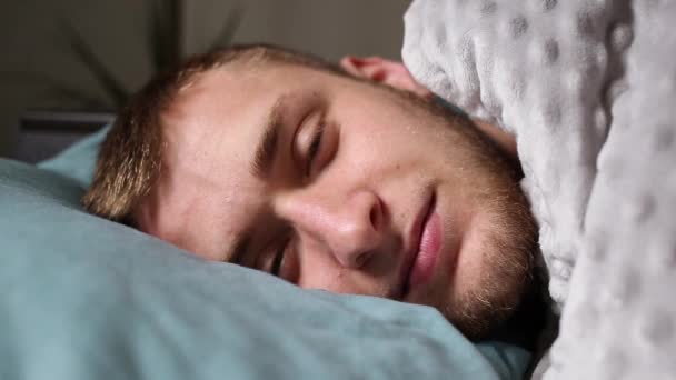 Guy Bed Opens His Eyes Slow Motion — Stock Video