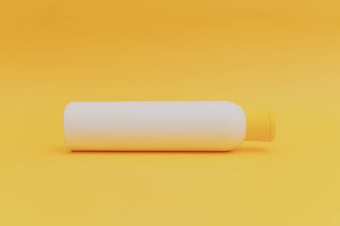 Sarı arka planda sarı başlıklı beyaz bir pakette saç şampuanı, tek renk.