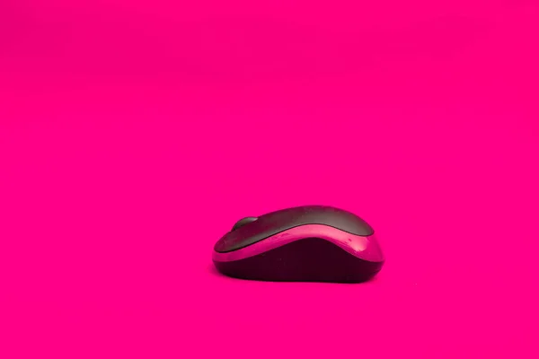 Rato Computador Preto Rosa Deitado Sobre Fundo Rosa — Fotografia de Stock