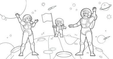Boyama kitabı. Mutlu bir astronot ailesi, anne, baba, oğul uzayda gezegene bayrak dikti ve selamlaşmak için ellerini salladı. Siyah-beyaz vektör çizimi, otomatik çizim, beyaz arka plan üzerine çizgi film.