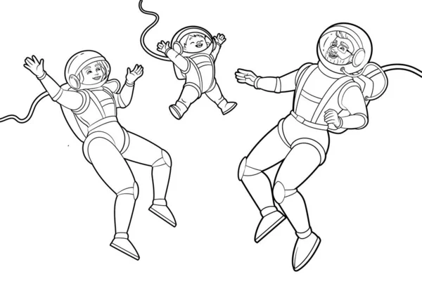 オープンスペースでは 家族連れの宇宙飛行士や息子たちが自由に飛び跳ねて挨拶をします ベクトル黒と白のイラスト 漫画のスタイルでアウトライン ぬりえページ — ストックベクタ