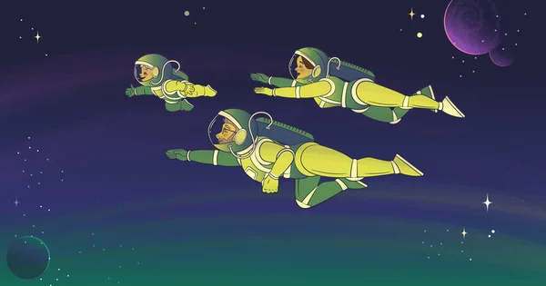 Γονείς Και Μικρός Γιός Οικογένεια Των Αστροναύτων Πετούν Στο Διάστημα — Διανυσματικό Αρχείο