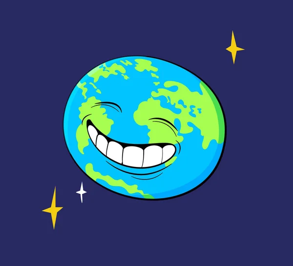Retro Naklejki Kreskówki Planeta Ziemia Uśmiecha Się Ustami Szeroko Otwarte — Wektor stockowy