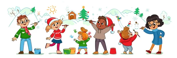 Χαριτωμένα Παιδιά Επιστήσω Πρωτοχρονιάτικα Χειμερινά Σχέδια Στον Τοίχο Χιόνι Χιονάνθρωπο — Διανυσματικό Αρχείο