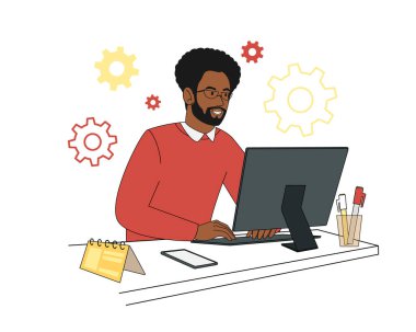 A black man working at a table with a computer in home clothes, with a cactus and a cat. Vector illustration in flat cartoon style.