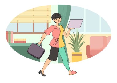 Hibrit şirketinde çalışan Asyalı bir kadın bilgisayarla ofis ve ev konforu arasında gidip geliyor, vektör çizimi düz çizgi film tarzında..