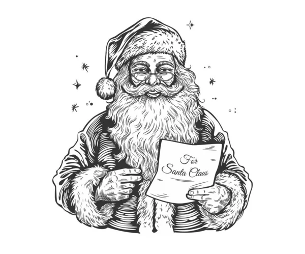 Leuke Kerstman Het Lezen Van Een Kerstbrief Vector Zwart Wit — Stockvector