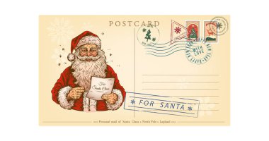 Santo Kraus 'a eski tarz bir Noel tebrik kartı ile gelen mektup zarfı. Vektör illüstrasyonu, klasik, beyaz arkaplanda izole edilmiş.