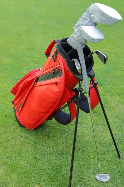 İçinde sopalar olan kırmızı golf çantası. Orman, demirler ve golf sopası. dikey resim