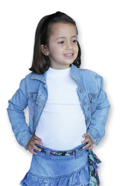 Criança Jeans Fundo Branco Posando Para Fotos — Fotografia de Stock