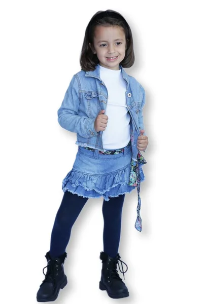 Criança Jeans Fundo Branco Posando Para Fotos — Fotografia de Stock