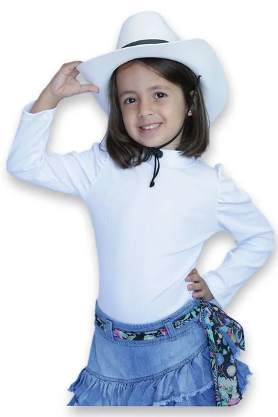 Criança Com Chapéu Branco Jeans Com Fundo Branco — Fotografia de Stock