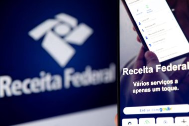 Brezilya 'nın vergi dairesi uygulaması arka planı bulanık bir cep telefonunun ekranında.