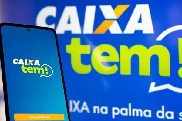Caixa hükümet uygulamasının mavi bir geçmişi ve cep telefonu ekranı var.
