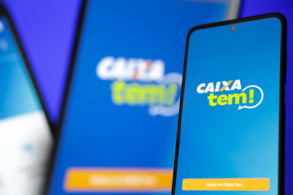 Caixa government app has a blue background and a cell phone screen.