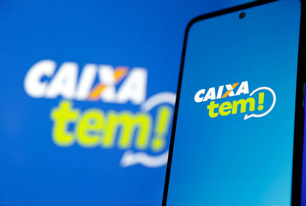 Caixa government app has a blue background and a cell phone screen.