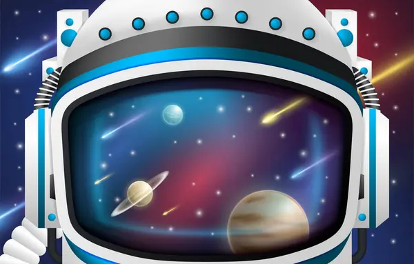 银河与行星和恒星在宇航员头盔上的反射 — 图库矢量图片