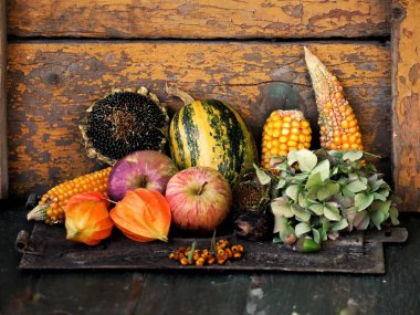 Sonbahar, meyve, mahsul ve dekoratif aksesuarlarla dolu sakin bir hayattır..