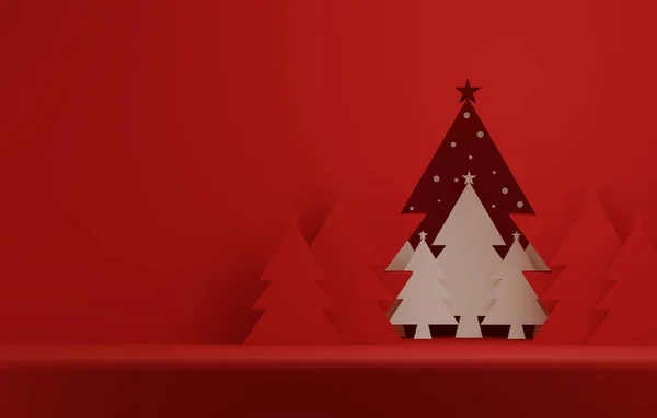 Χριστουγεννιάτικη Πόρτα Δέντρο Και Νιφάδα Χιονιού Κόκκινο Αφηρημένο Φόντο Τοίχο — Φωτογραφία Αρχείου