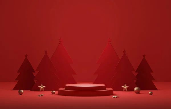 Pódium Borde Dorado Árbol Navidad Rojo Con Borde Dorado Elegante — Foto de Stock