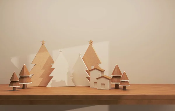 圣诞和新年派对的天然木桌顶部 圣诞树和乳白色墙壁上的自然光 3D渲染说明 — 图库照片