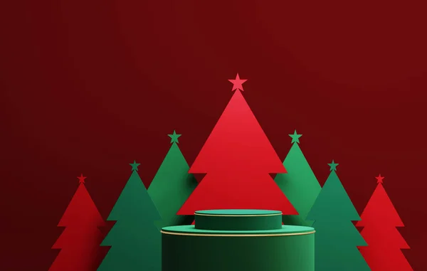 Золотой Зеленый Подиум Красной Зеленой Елкой Золотой Кромкой Элегантного Рождества — стоковое фото