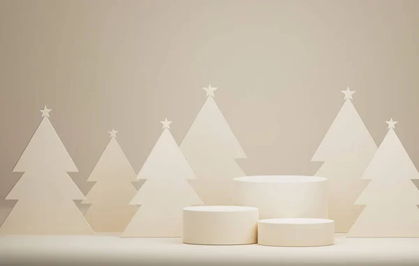 Zarif bir Noel ve beyaz arka planda yeni yılı olan podyum noel ağacı. Ürün ve reklamları sergilemek için soyut bir stüdyo. 3 Boyutlu resimleme