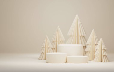 Zarif bir Noel ve beyaz arka planda yeni yılı olan podyum noel ağacı. Ürün ve reklamları sergilemek için soyut bir stüdyo. 3 Boyutlu resimleme