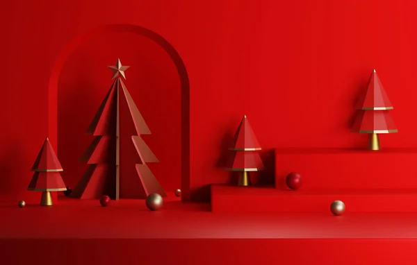 Podio Bordato Oro Albero Natale Rosso Con Bordo Oro Elegante — Foto Stock