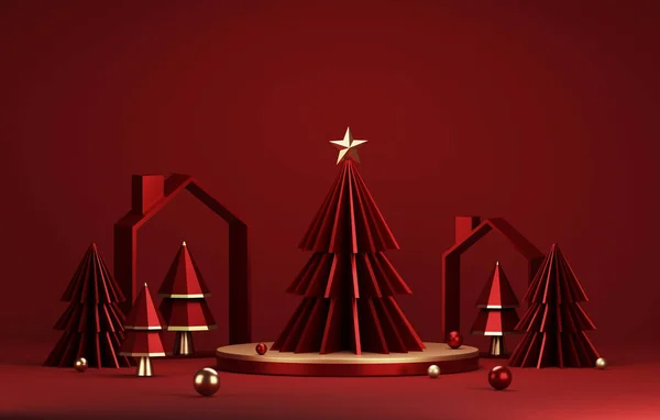 Золотой Подиум Красная Елка Золотой Кромкой Элегантного Рождества Новый Год — стоковое фото