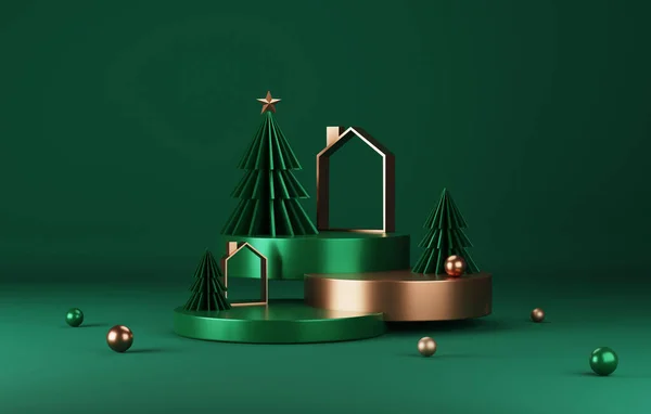 Altın kenarlı podyum ve yeşil noel ağacı, altın kenarlı zarif noeller ve yeşil arka planda yeni yıl. Ürün ve reklamları sergilemek için soyut bir stüdyo. 3 Boyutlu resimleme