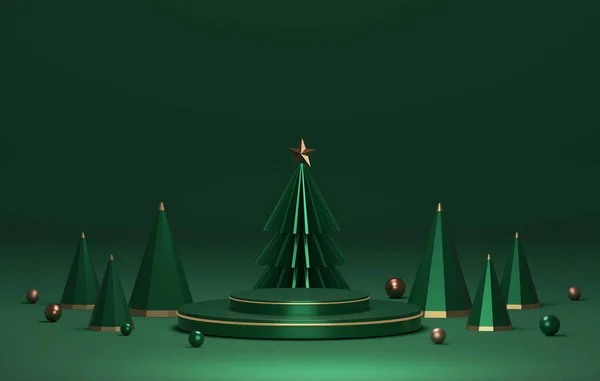 金边的讲台和绿色的圣诞节树与金边优雅的圣诞节和新年绿色背景 用于展示产品和广告的演播室 3D渲染说明 — 图库照片