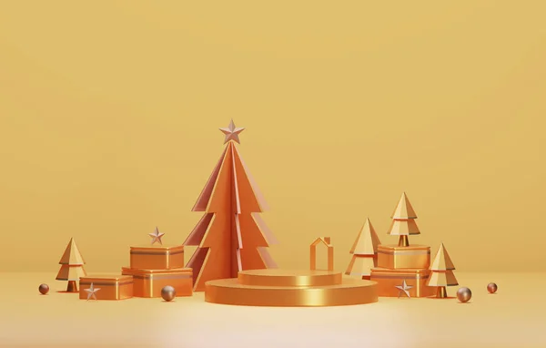 Gouden Rand Podium Gouden Gele Kerstboom Met Rand Elegante Kerst — Stockfoto