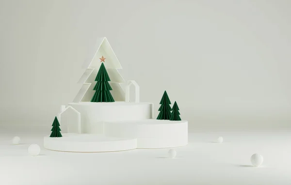 Podio Albero Natale Con Elegante Natale Capodanno Sfondo Bianco Studio — Foto Stock
