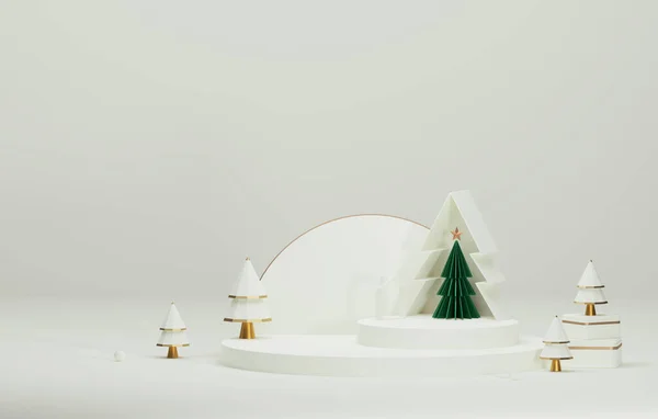 Podio Albero Natale Con Elegante Natale Capodanno Sfondo Bianco Studio — Foto Stock