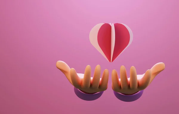 Hand holding heart on pink background. Giving love or sending love messages to each other. 3d render illustration.