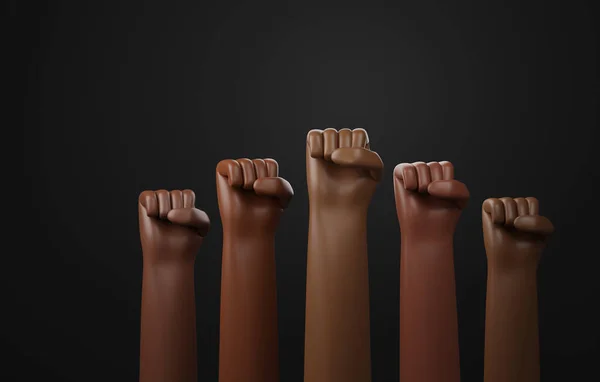 People raising their fists on black background Black history month, brown hands, african american, equality sign. 3d render illustration