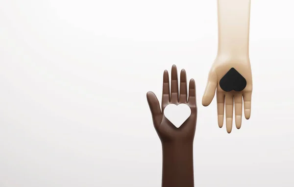 Hands of black man and woman couple holding black and white show love and friendship between people, anti racism, equal rights. 3d render illustration.