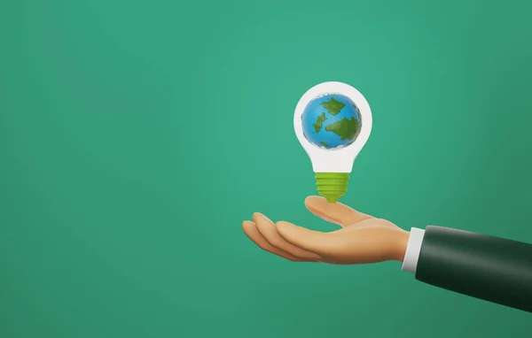 Globe in light bulb floating above businessman hand on green background. Clean energy consumption and global sustainable environmental protection, ESG for the environment. 3D render illustration.