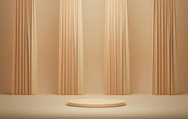 3D podium cream on background and yellow cream color  cloth curtain for stage, cosmetic products and advertising space. 3D render illustration