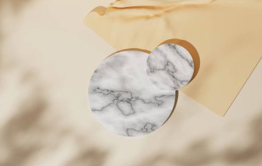 Marble display stand showcases shadows of leaves on creamy yellow background for displaying cosmetics and beauty products top view. 3D render illustration