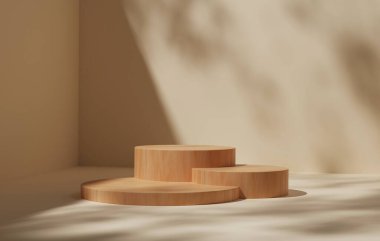 Geometric circle wood display stand showcases shadows of leaves on creamy yellow background for displaying cosmetics and beauty products. 3D render illustration