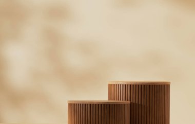 Geometric circle wood display stand showcases shadows of leaves on creamy yellow background for displaying cosmetics and beauty products. 3D render illustration