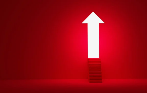 Arrow shaped door stairs on red wall illuminated large red wall. Path to success and growth. 3d render illustration.