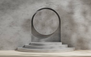 Geometric circle display stand showcases shadows of leaves on background for displaying cosmetics and beauty products. 3D render illustration