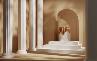 Altın kapılı antik Yunan tarzı sütun podyumları kozmetik ürünler sahnesi, reklam alanı için klasik pastel krem arka planı. 3 Boyutlu resimleme