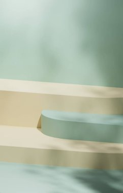 Geometrik podyum sergisi, kozmetik ürünleri ve güzellik ürünleri sergilemek için pastel renk arkaplanındaki yaprakların gölgelerini sergiliyor. 3 Boyutlu resimleme